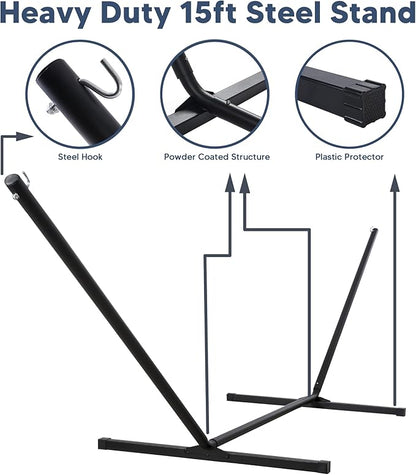 SUNCREAT 2 Person Free Standing Hammock with 15 ft Stand, 475 lbs Capacity, Backyard Hammock with Stand, Navy