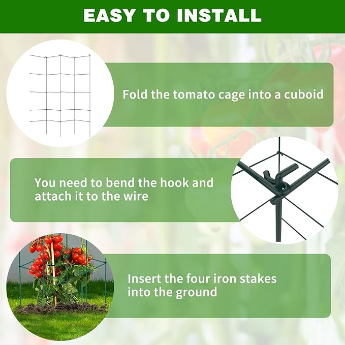 6 Packs Tomato Cages for Garden, 12"×12"×56" Plant Support Cage with Different Spacing, Green Metal Trellis for Climbing Plants Like Cucumber, Flowers