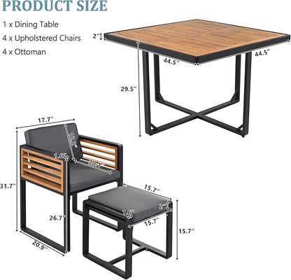 Merax 18 Pieces Outdoor Dining Set for 16 People, Acacia Wood Patio Furniture Sets with 2 Square Tables, 8 Cushioned Chairs and 8 Ottomans for Backyard, Garden, Lawn, Poolside, Gray