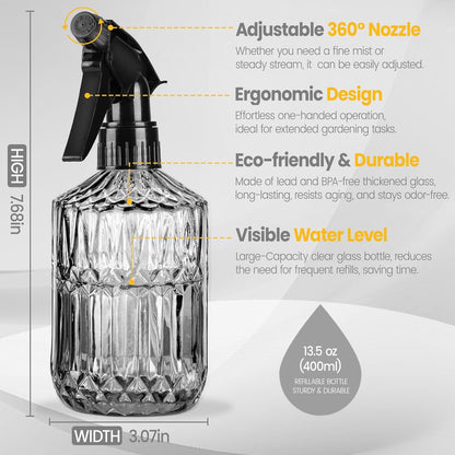 Plant Mister Spray Bottle, 13.5 oz Leak Proof Glass Spray Bottle for Inside Plants, Succulents, Herbs, Cleaning, Hair Care, Refillable Fine Mist Sprayer with Adjustable Mist Nozzle (Grey)
