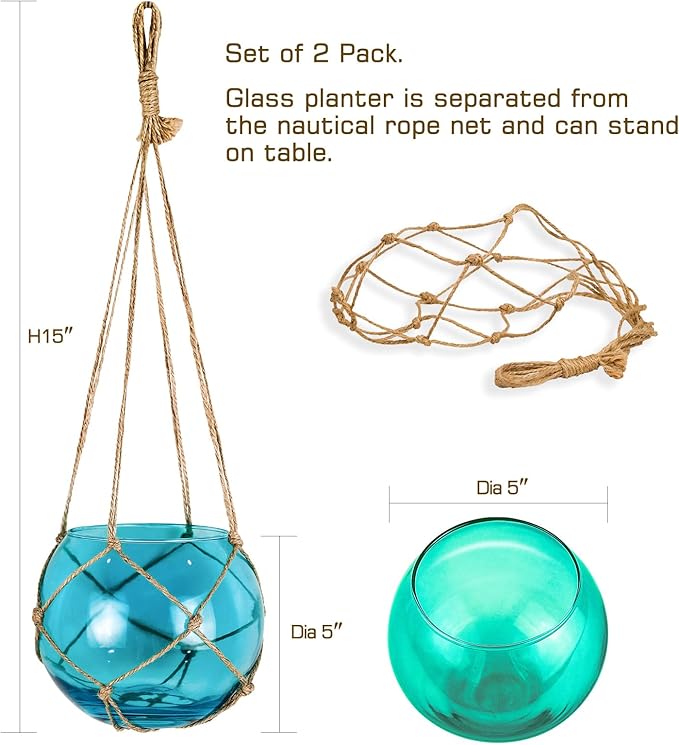 SAILINGSTORY Hanging Glass Plant Terrarium 5" Glass Planter Propagation Stations Flower Vase Blue and Teal Set of 2 Pack