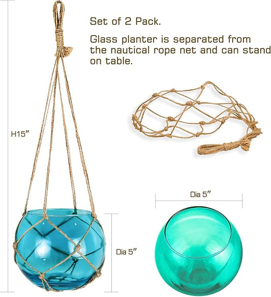 SAILINGSTORY Hanging Glass Plant Terrarium 5" Glass Planter Propagation Stations Flower Vase Blue and Teal Set of 2 Pack