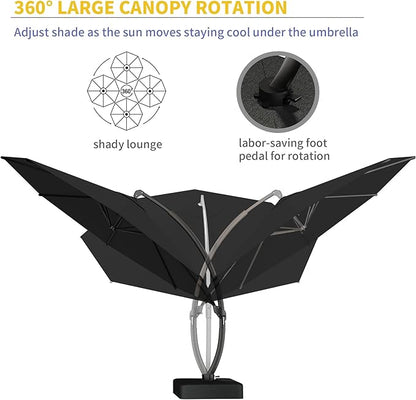 Kingdura 11ft Offset Cantilever Patio Umbrella with Base Included, Large Round Aluminum Outdoor Umbrella, 360° Rotation & Infinite Tilt, Heavy Duty Frame for Deck Pool Backyard, Black