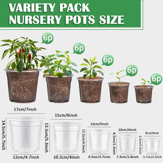 30 Pack 7/6/5/4/3 Inch Clear Nursery Pots for Plants, Flexible Plastic Plant Pots with Drainage Holes, Transparent Seed Starter Pots Variety Pack for Succulents, Seedlings, Flowers, Vegetable