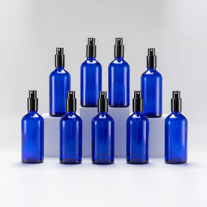 YIZHAO Blue Glass Spray Bottles 4oz, with Small Fine Mist Spray, Metal Cap, Refillable for Essential Oil,Travel,Cleaning,Perfume,Aromatherapy,Makeup – 9 Pcs