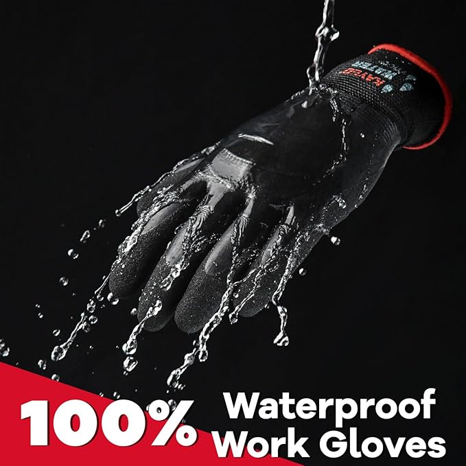 KAYGO Waterproof Work Gloves for Men and Women, Rubber Coated Non-slip Working Gloves for Garden, Outdoor Construction,KG150,Black,S