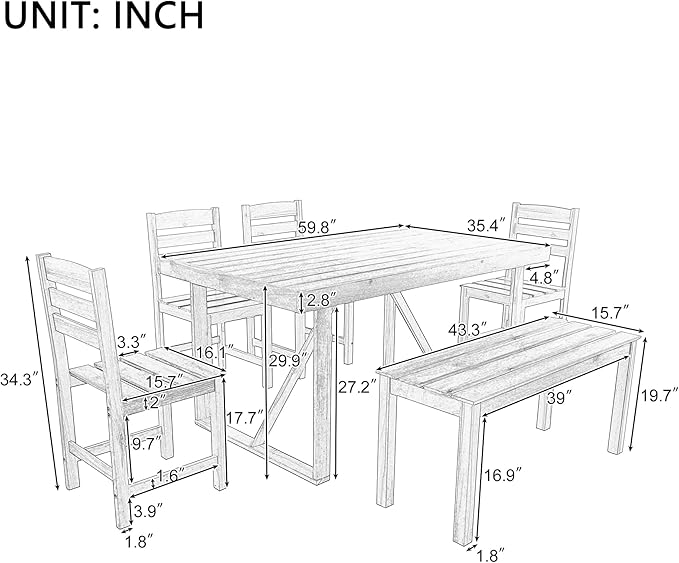 Outdoor, Residential Dining Table, 4-Chair ，Bench Set, 6PC,Wooden Frame,Patio, Balcony, Backyard,Gardens, Poolside