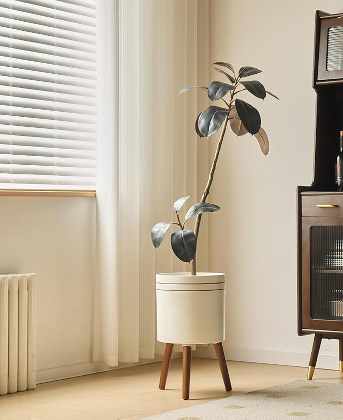 12 Inch Plant Pot with Oak Wood Stand, Large Planter for Indoor Plant, Simple Modern Flower Pot Flower Pot with Drainage Hole for Outdoor