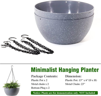 13 inch Large Hanging Planters Plant Pots for Outdoor Indoor Plants with Drainage Holes and Chain, 2 Pack Round Hanging Flower Pots for Garden Home Porch Decor, Speckled Grey