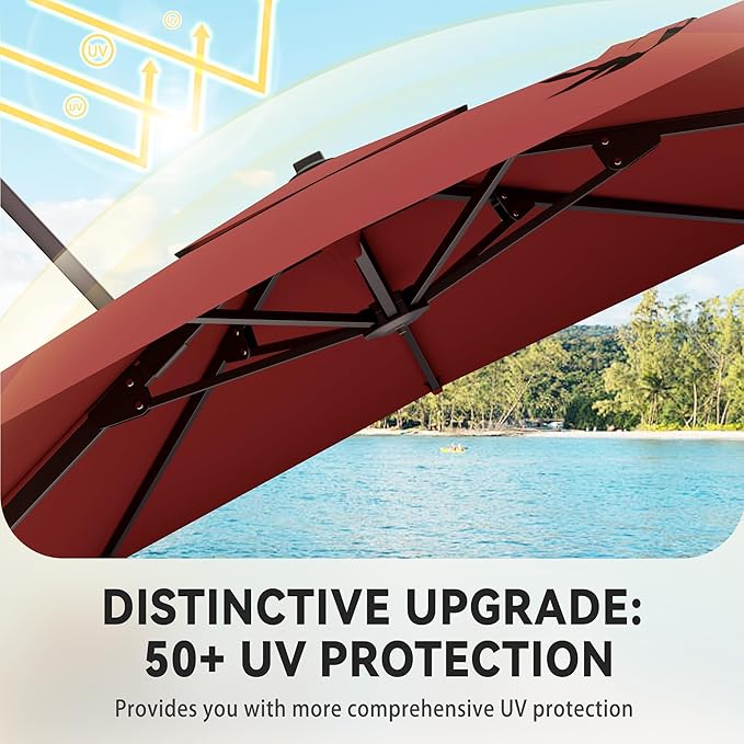 9' X 12' Cantilever Patio Umbrella with Base Included 360°Rotation Rectangular Outdoor Large Offset Umbrellas Heavy Duty Windproof for Garden Deck Pool, Red