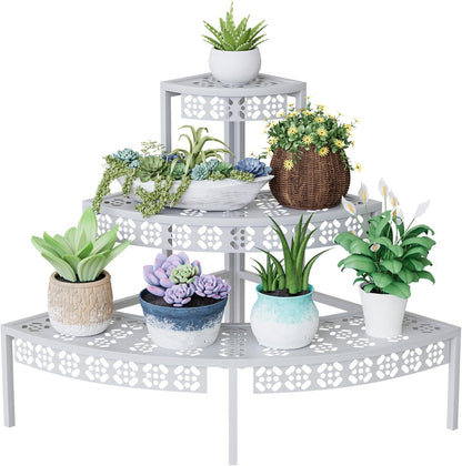 3 Tier Plant Stand Semi-Circular Flower Pot Organizer Rack Quarter Round Plant Display Holder Outdoor Storage Shelves Metal Corner Shelf Planter Shelving Ladder Plant Stand for Indoor Use(White)