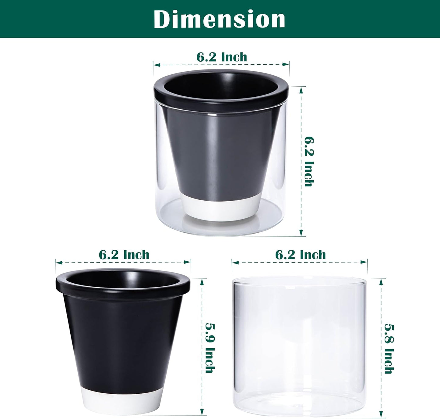 D'vine Dev 6 Inch Design Self Watering Planter for Indoor Plants, Black Terracotta Pot with Cylinder Glass Cup, 37-X-B-3