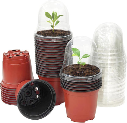Plant Nursery Pots with Humidity Domes, 50 Sets 4 Inch Soft Nursery Pots Quality Ones (50 Red Pots + 50 Clear Lids), Quality Seeds Starting with Cover