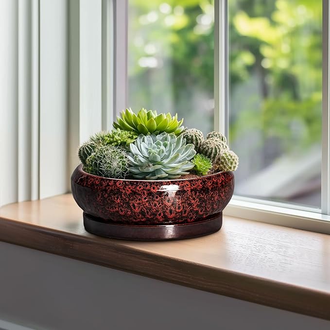Bonsai Tree Pots - 10 Inch Ceramic Succulent Planters for Indoor Outdoor, Bonsai Pots with Drainage Hole and Saucer, Shallow Round Planter, Planter Bowl, Patio Decor, Gifts for Women, Red