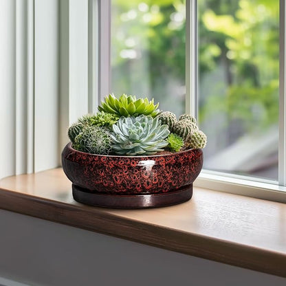 Bonsai Tree Pots - 10 Inch Ceramic Succulent Planters for Indoor Outdoor, Bonsai Pots with Drainage Hole and Saucer, Shallow Round Planter, Planter Bowl, Patio Decor, Gifts for Women, Red