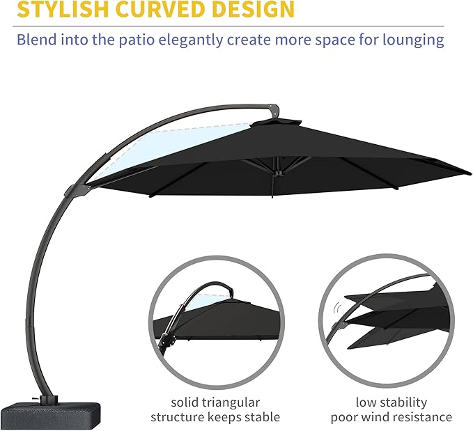 Kingdura 11ft Cantilever Patio Umbrella with Base Included, Large Round Offset Outdoor Pool Umbrella, 360° Rotation & Infinite Tilt, Heavy Duty Aluminum Frame for Deck Backyard, Black