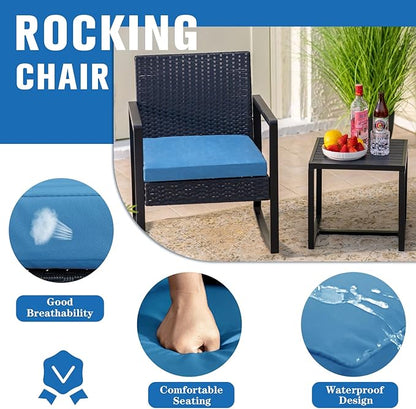 WWR 3 Pieces Outdoor Patio Furniture Set Rocking Wicker Rattan Chair Set Patio Bistro Conversation Set 3 Pcs with Coffee Table for Yard & Bistro (Blue)