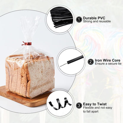 HARFINGTON 800pcs Bag Twist Ties 6" Reusable Plastic Metallic Twist Ties Wire Cable Ties for Party Bread Candy Cake, Black