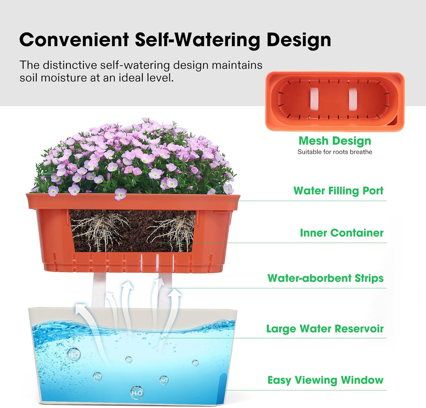 VIVOSUN Self-Watering Planters, 4-Pack 10.5 Inch Compact Rectangular Window Herb Planter Box with 10 PCS Plant Labels, Plant Container for Basil, Flowers, Succulents, Indoor & Outdoor