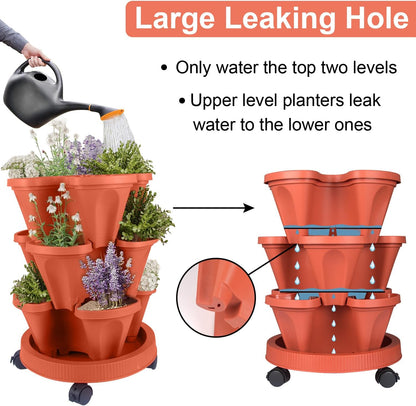 DUNCHATY Stackable Planters 3 Tier Vertical Garden Planting Tower Planters Strawberry, Herb, Flower, and Vegetable Planter Indoor Outdoor Gardening Pots with Removable Wheels and Tools, 2 Bundle
