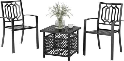 PHI VILLA 3 Piece Outdoor Bistro Set for 2, 22" Wrought Iron Square Table with Umbrella Hole & Stacking Metal Chairs, Small Furniture Conversation Set for Porch, Deck, Balcony, Patio, Yard - Black