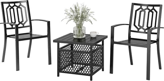 PHI VILLA 3 Piece Outdoor Bistro Set for 2, 22" Wrought Iron Square Table with Umbrella Hole & Stacking Metal Chairs, Small Furniture Conversation Set for Porch, Deck, Balcony, Patio, Yard - Black