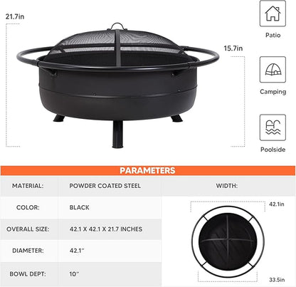 SUNCREAT 42" Outdoor Portable Fire Pit with Spark Screen, Fire Poker, Wood Burning Patio Fire Pits with Protective Ring, Black