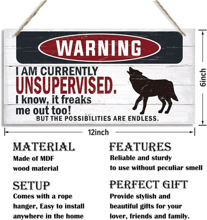 Warning Sign, Unsupervised Warning Wood Plaque Sign, Funny Door Signs, Decorative Wood Hanging Suspension Plaque, Farmhouse Wooden Wall Decor, Outdoor Hanging Wooden Signs