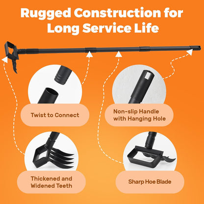 Hula Garden Hoe and 4 Tines Rake 2-in-1 Garden Tool for Weeding, Garden Cultivator with 62.6" Adjustable Long Handle Heavy Duty Weed Puller Stirrup Hoe for Ditching, Seeding, Loosening Soil