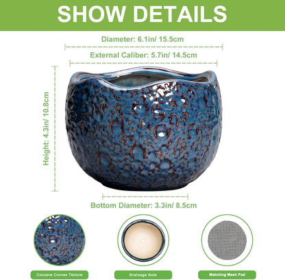 6 Inch Plant Pot - Ceramic Pots for Plants with Drainage Hole, Round Orchid Pot, Unique Planter for Indoor Outdoor, Modern Decorative Flower Pots, Room Decor, Plant Lovers Gifts, Retro Blue