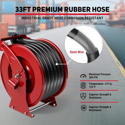 Fuel Hose Reel, 1" x 33' Retractable Diesel Fuel Heavy-duty Steel Construction with Refueling Nozzle, 300 PSI Diesel Reel Used for Aircraft Ship Vehicle Tanker Truck