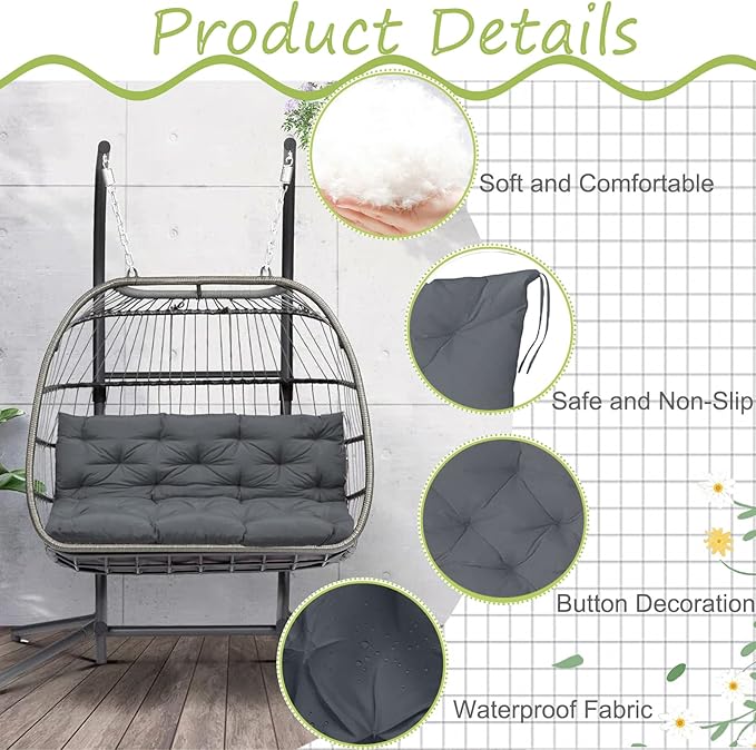 Swing Replacement Cushions with Backrest, 2 or 3 Seater Waterproof Non-Slip Overstuffed Swing Pad, Indoor/Outdoor Bench Cushion for Porch Chair Swings Garden Furniture(Dark Grey 40 * 40 in)