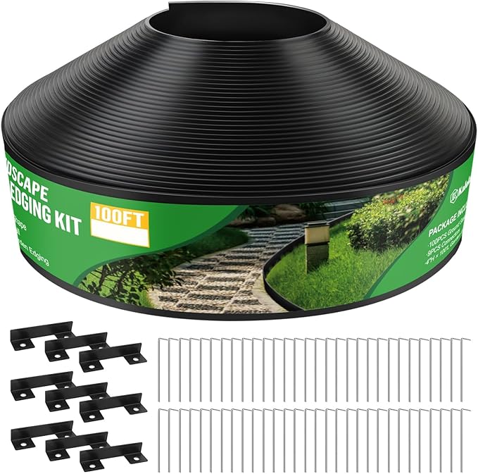 Kalolary Landscape Edging, 100FT x 4 Inch Tall Plastic Garden Lawn Edging Border with 100 L Spikes, 9 Connector for Landscaping Garden, Flower Beds (Black)