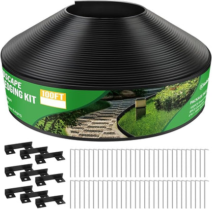 Kalolary Landscape Edging, 100FT x 4 Inch Tall Plastic Garden Lawn Edging Border with 100 L Spikes, 9 Connector for Landscaping Garden, Flower Beds (Black)