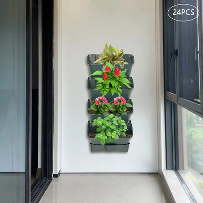 24Pack Vertical Wall Garden Planter, 13 inch Wall-mounted Garden Planters, Stackable Hanging Planter, Plastic Flower Pot with 4 Drainage Tray & 6.56FT Drainage Pipe for Indoor and Outdoor (Green)