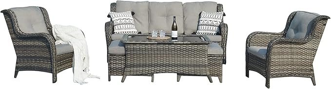 Outdoor Patio Wicker Furniture Set - 6 Piece Rattan Patio Conversation Sectional Sofa Set with 1 Couch,2 Armchairs,2 Ottomans and 1 Glass Top Coffee Table for Porch Deck Garden(Mixed Grey/Grey)