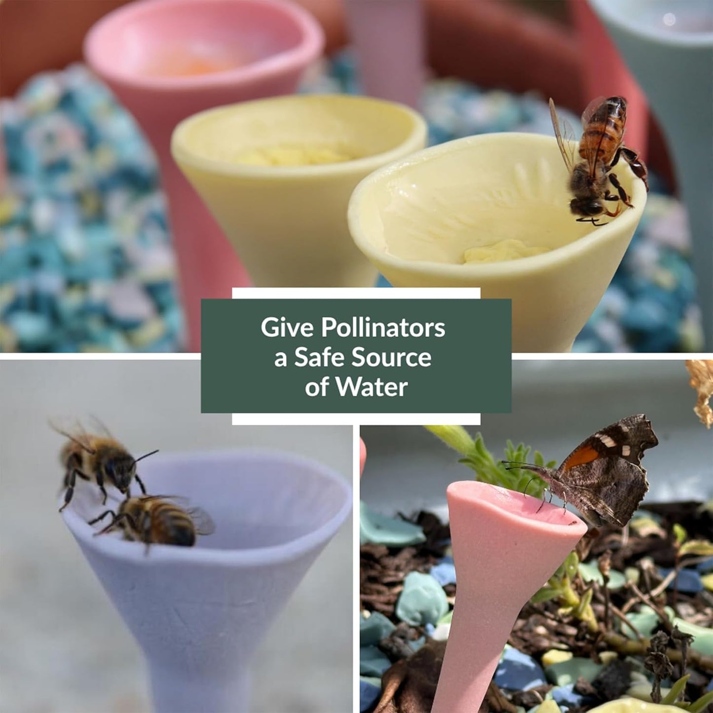 5 Pack, Bee Watering Station, 100% Handmade from Porcelain, Bee and Butterfly Feeder for Garden, Outdoor Feeder For Thirsty Pollinators, Plastic Free, Bee Attracting Glaze (5, Pastel Variety)