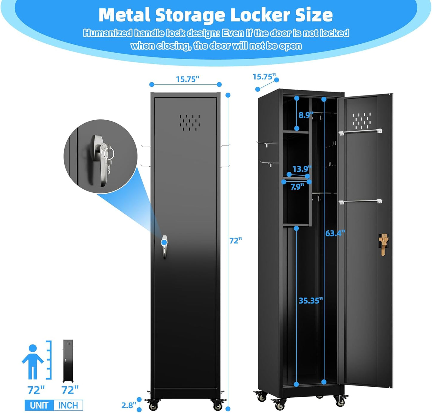 15.75 in Wide Garage Storage Cabinet, Metal Storage Cabinet with Wheels and 2 Adjustable Shelves for Home Offices, Gyms and Pantries, Black