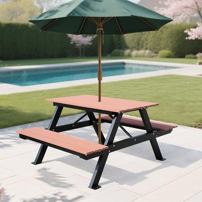 4FT Outdoor Picnic Table and Bench Set with 2" Umbrella Hole, WPC Tabletop Seattop Patio Dining Set for 4 People, Outdoor Dining Table and Chair for Park Garden Yard Patio- Brown