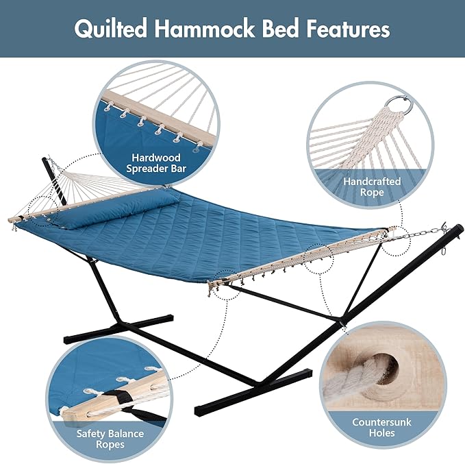 ANOW Double Hammock with 12 Feet Heavy Duty Steel Stand Combo, 2 Person Quilted Hammock with Stand for Outside, 450 LBS Weight Capacity, Blue