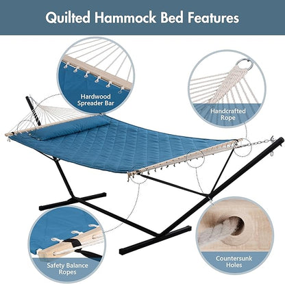 ANOW Double Hammock with 12 Feet Heavy Duty Steel Stand Combo, 2 Person Quilted Hammock with Stand for Outside, 450 LBS Weight Capacity, Blue