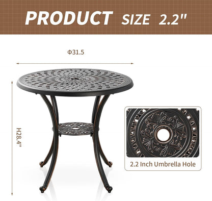 Outdoor Table Round Bistro Dining Table With Umbrella Hole for Lawn Garden, All Weather Metal Black Patio Table (31.5", Round), Bronze