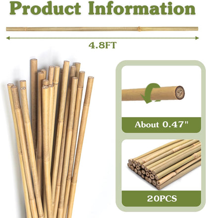 Plant Stakes 4.8FT, Natural Bamboo Stakes, HAINANSTRY 20Pcs Sturdy Bamboo Garden Stakes, Bamboo Sticks for Plants, Beans, Indoor and Outdoor Climbing Plants, Tomato Vegetable Stakes for Garden