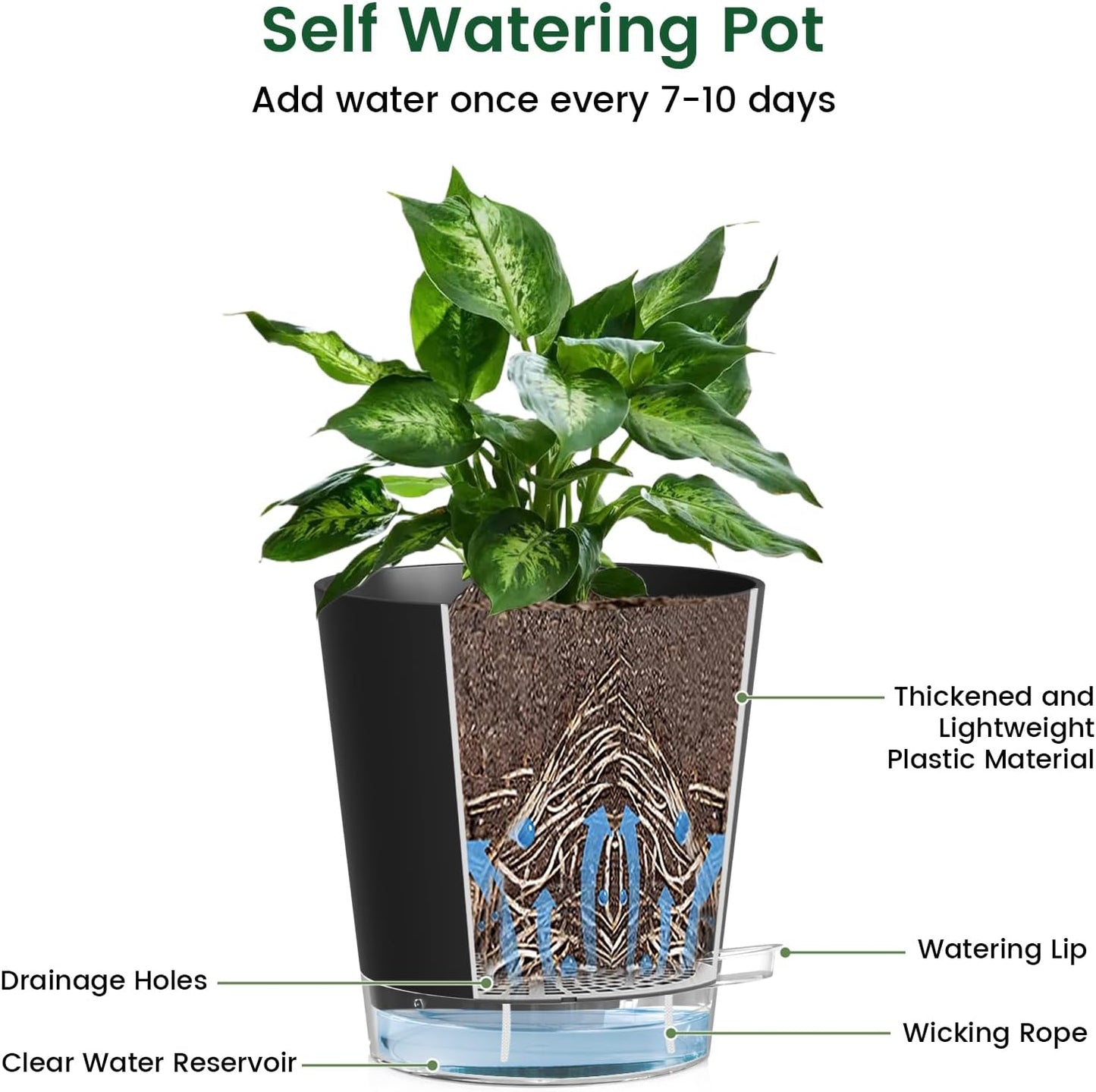 4 inch Self Watering Pots for Indoor Plants, 5 Pack Small Flower Plant Pots with Drainage Holes and Clear Reservoirs, Visible Water Level, Plastic Planters with Wicking Rope, Black