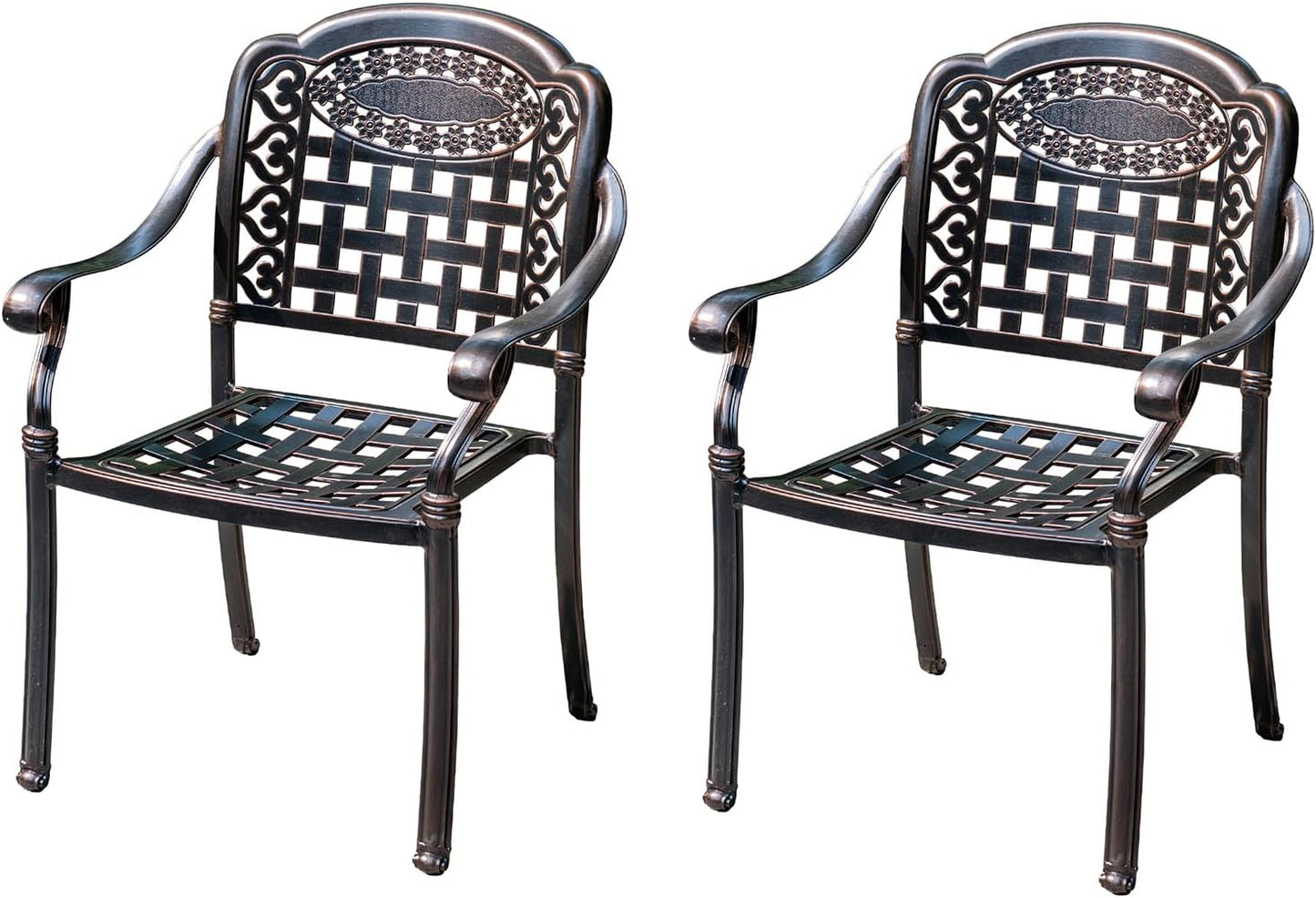 Outdoor Dining Chair Cast Aluminum Patio Chairs Set of 2 All-Weather Patio Dining Chair with Adjustable Feet for Backyard Garden (Square Lattice Chair)
