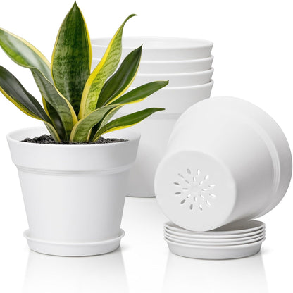T4U 7.5 Inch Plant Pots 6 Pcs, Flower Pots for Plants, Plastic Planter Pots for Indoor Plants with Drainage Holes and Saucer (6 Pcs, 7.5", White)