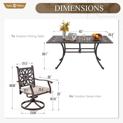 Sophia & William 7 Pieces Cast Aluminium Patio Dining Set for 6, Outdoor Swivel Rocking Chairs and Rectangular Table with 2.3" Umbrella Hole for Porch Backyard Deck, Bronze