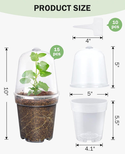 homenote Clear Nursery Pots for Plants,5 Inch Plant Pot for Planting with Humidity Domes Plastic Seedling with Drainage Holes Seed Starter Flower High Transparency (15 Pack)