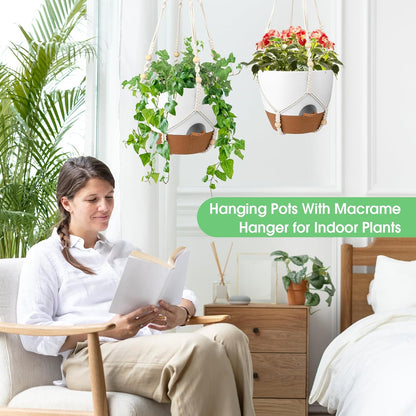 Hanging Planters for Indoor Outdoor Plants, 2 Pack Self Watering Hanging Pot with Drainage Holes, Removable Tray & 2 Kinds of Plant Hangers, 10'' Hanging Flower Pots for Home Garden Decor, White