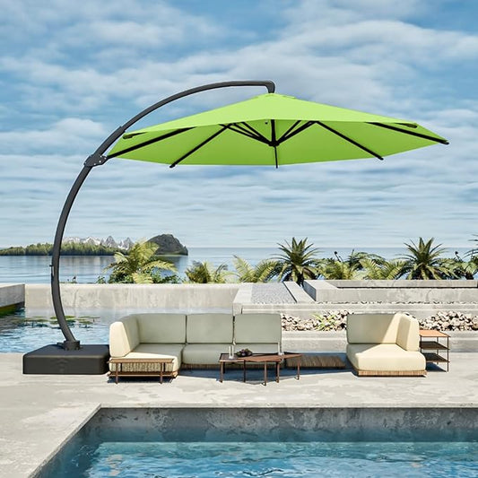 11FT Cantilever Umbrella with Base Large Curvy Outdoor Aluminum Offset Umbrella w/ 360° Rotation, UV Resistant Canopy for Patio, Garden, Backyard, Apple Green